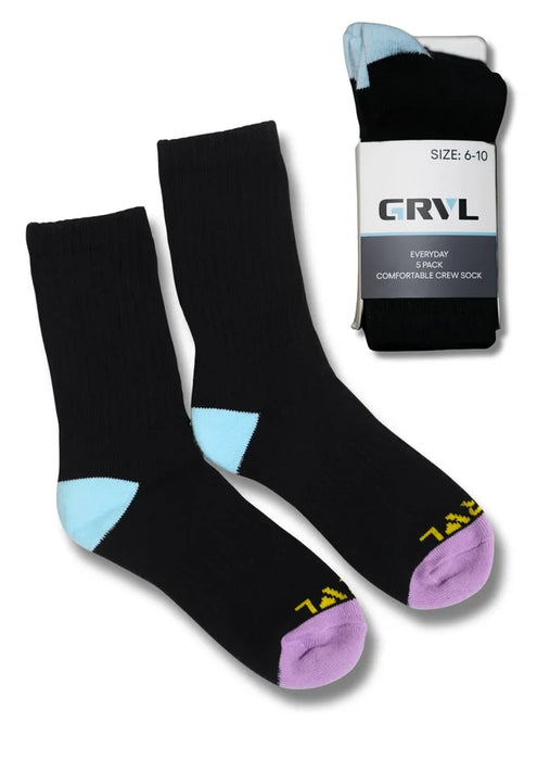 GRVL - S8 WOMANS POLY/COTTON 5 PACK Crew Socks