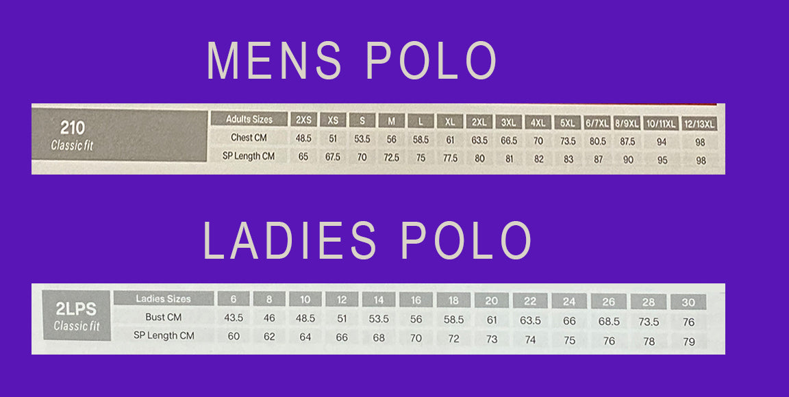 JB's Mens & Ladies Polo Size Chart