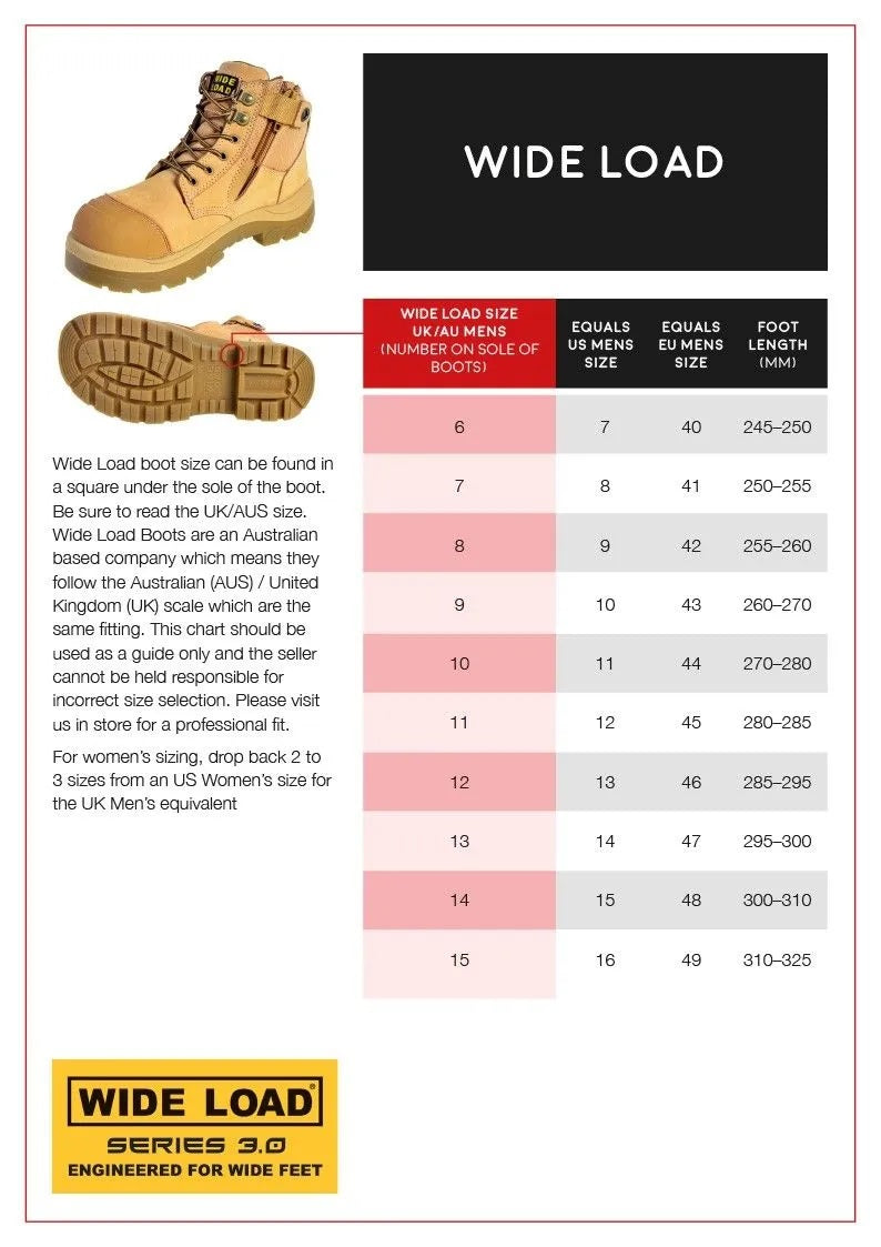 WIDE LOAD BOOTS SIZE CHART — National Workwear Australia