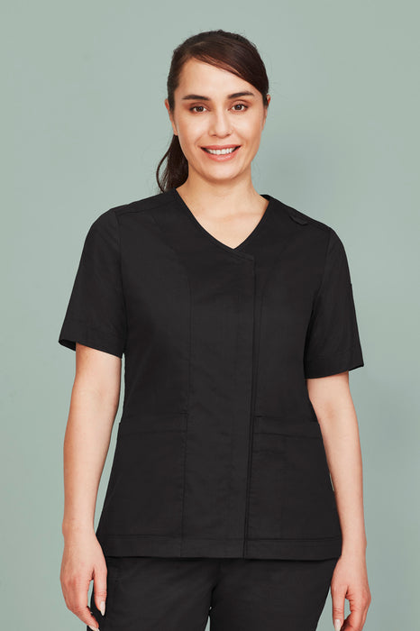 Biz Care CST240LS Parks Womens Zip Front Crossover Scrub Top at National Workwear Gold Coast Australia
